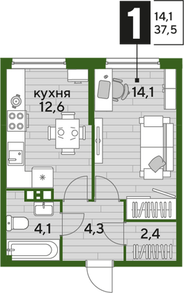 Продажа 1-комнатной квартиры 37,5 м², 6/19 этаж