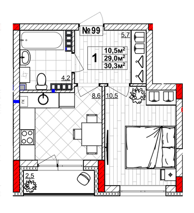 Продажа 1-комнатной квартиры 30,3 м², 4/4 этаж