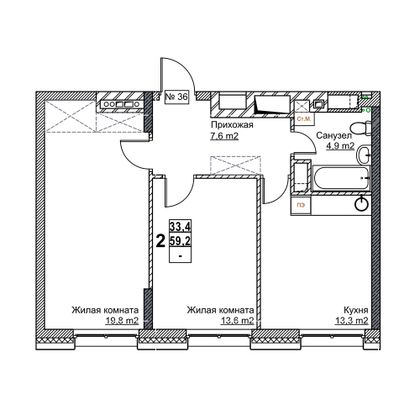 Продажа 2-комнатной квартиры 59,2 м², 5/24 этаж