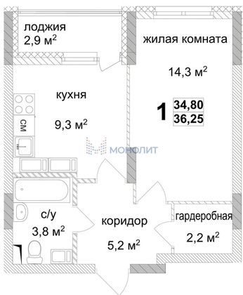 Продажа 1-комнатной квартиры 36,3 м², 15/25 этаж