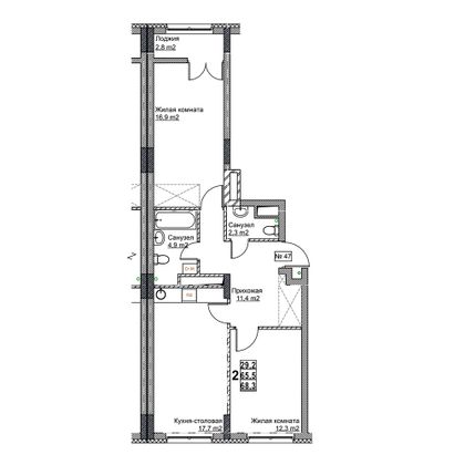 Продажа 2-комнатной квартиры 68,3 м², 6/24 этаж