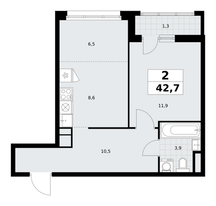 42,7 м², 2-комн. квартира, 5/9 этаж