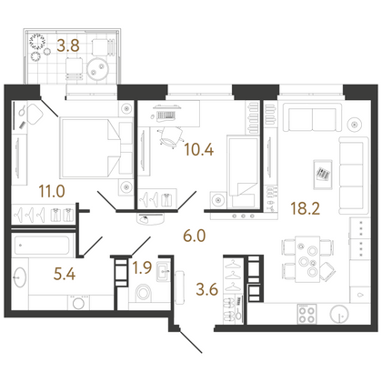 56,5 м², 2-комн. квартира, 11/14 этаж