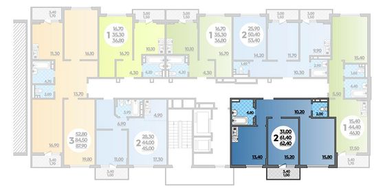 62,4 м², 2-комн. квартира, 9/18 этаж