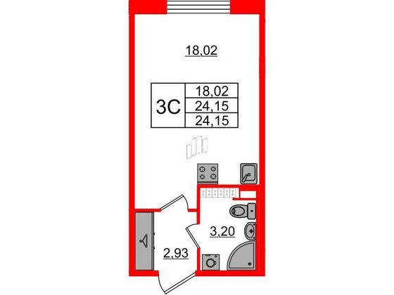 Продажа квартиры-студии 24,1 м², 4/4 этаж