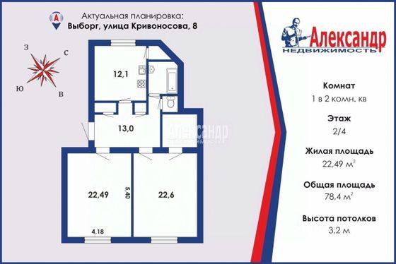 Продажа 1 комнаты, 22 м², 2/4 этаж