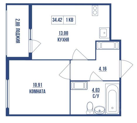 Продажа 1-комнатной квартиры 34,4 м², 6/8 этаж