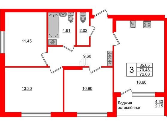 Продажа 3-комнатной квартиры 73 м², 1/16 этаж