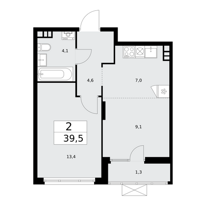 39,5 м², 2-комн. квартира, 14/15 этаж