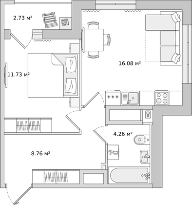 43,6 м², 1-комн. квартира, 7/23 этаж