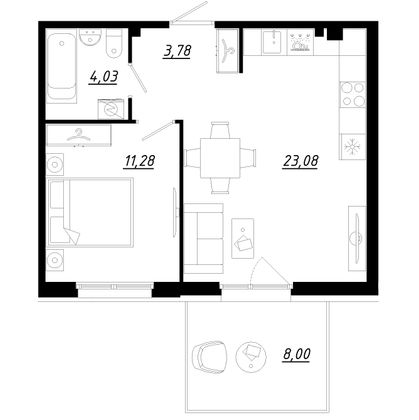 44,6 м², 1-комн. квартира, 1/5 этаж
