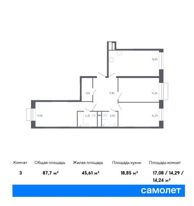 87,7 м², 3-комн. квартира, 20/22 этаж