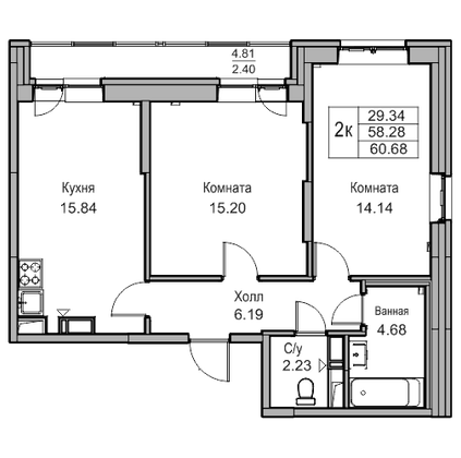 Продажа 2-комнатной квартиры 60,7 м², 6/22 этаж