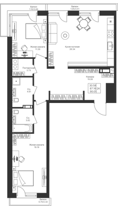 90 м², 2-комн. квартира, 3/10 этаж