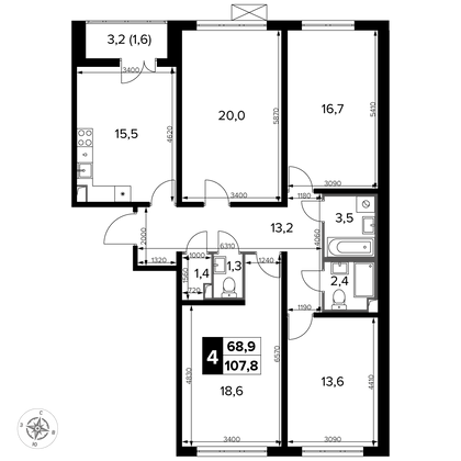 107,8 м², 4-комн. квартира, 3/23 этаж