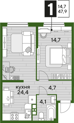 Продажа 1-комнатной квартиры 47,9 м², 6/16 этаж
