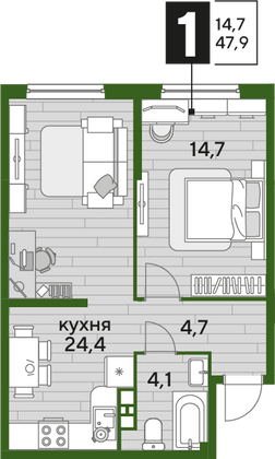 Продажа 1-комнатной квартиры 47,9 м², 7/16 этаж