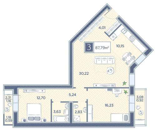 Продажа 3-комнатной квартиры 87,8 м², 2/8 этаж