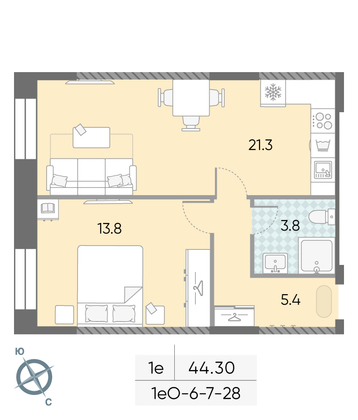 Продажа 1-комнатной квартиры 44,3 м², 9/28 этаж