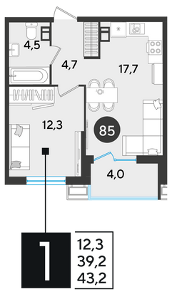 Продажа 1-комнатной квартиры 43,2 м², 3/18 этаж