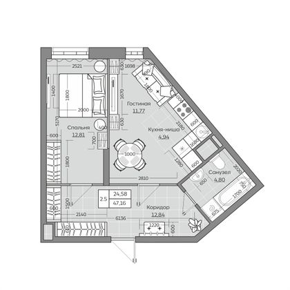 47,2 м², 2-комн. квартира, 6/25 этаж