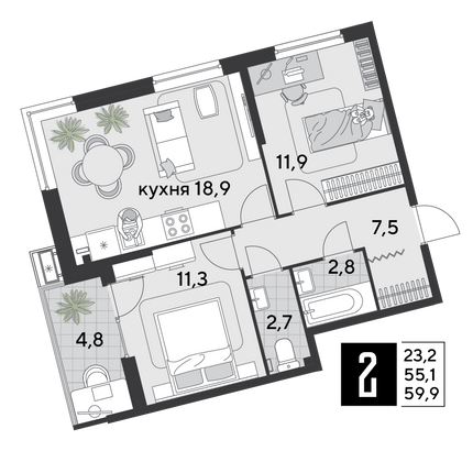 59,9 м², 2-комн. квартира, 2/18 этаж