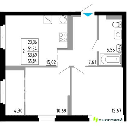 53,7 м², 2-комн. квартира, 3/27 этаж