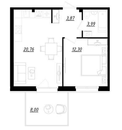 43,3 м², 1-комн. квартира, 1/5 этаж