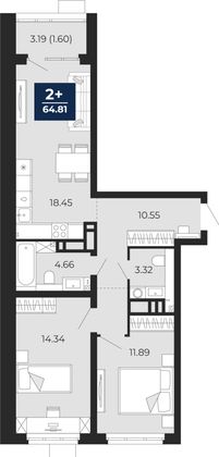 64,8 м², 2-комн. квартира, 4/22 этаж