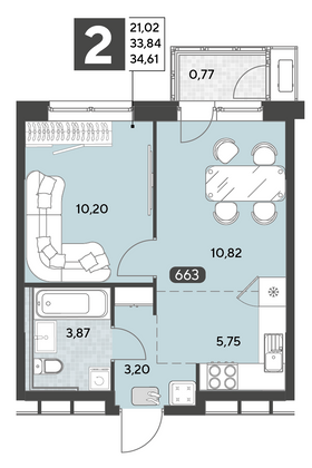 Продажа 2-комнатной квартиры 34,6 м², 9/25 этаж