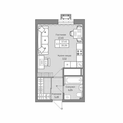 30,3 м², 1-комн. квартира, 24/25 этаж