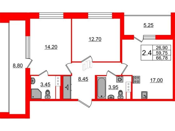 Продажа 2-комнатной квартиры 59,8 м², 2/12 этаж