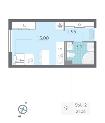 Продажа квартиры-студии 21,1 м², 2/19 этаж