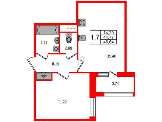 Продажа 1-комнатной квартиры 44,8 м², 10/12 этаж