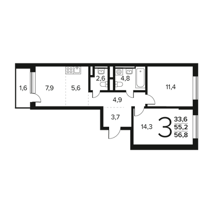 Продажа 3-комнатной квартиры 56,8 м², 8/9 этаж