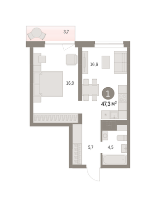 Продажа 1-комнатной квартиры 47,3 м², 9/13 этаж