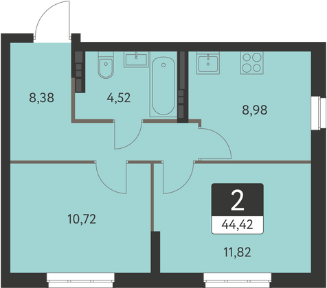 44,4 м², 2-комн. квартира, 5 этаж