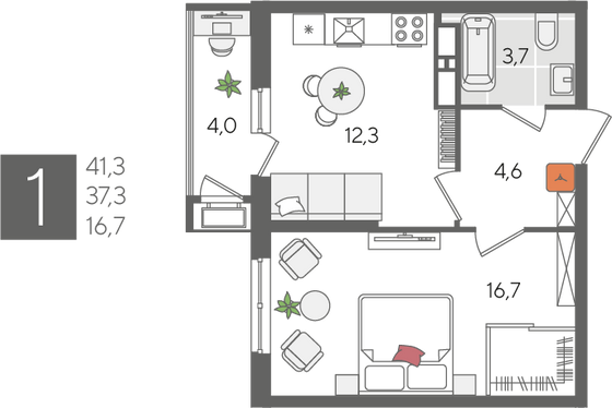 Продажа 1-комнатной квартиры 41,3 м², 19/24 этаж