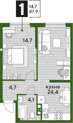 Продажа 1-комнатной квартиры 47,9 м², 9/16 этаж