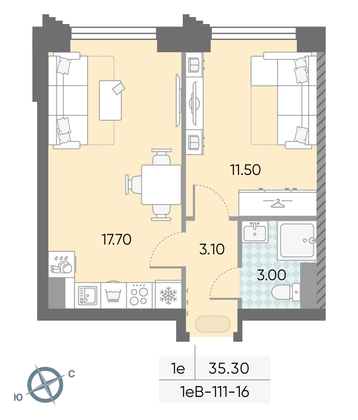 Продажа 1-комнатной квартиры 35,3 м², 16/58 этаж