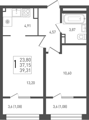 39,3 м², 1-комн. квартира, 6/9 этаж