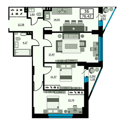 76,2 м², 3-комн. квартира, 19/27 этаж