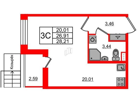Продажа квартиры-студии 26,9 м², 1/12 этаж