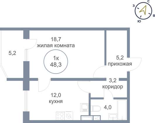 48,3 м², 1-комн. квартира, 7/16 этаж