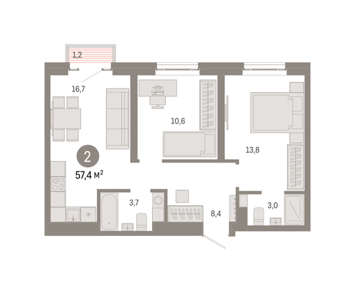 57,4 м², 2-комн. квартира, 14/31 этаж