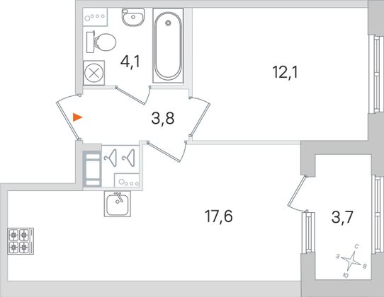 Продажа 1-комнатной квартиры 39,5 м², 3/4 этаж