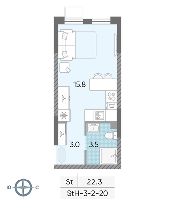 Продажа квартиры-студии 22,3 м², 20/24 этаж