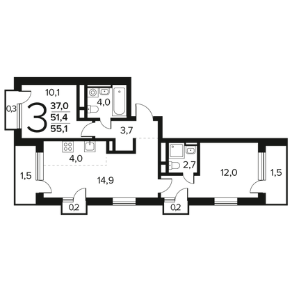 55,1 м², 3-комн. квартира, 3/9 этаж