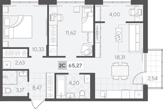 65,3 м², 2-комн. квартира, 2/4 этаж