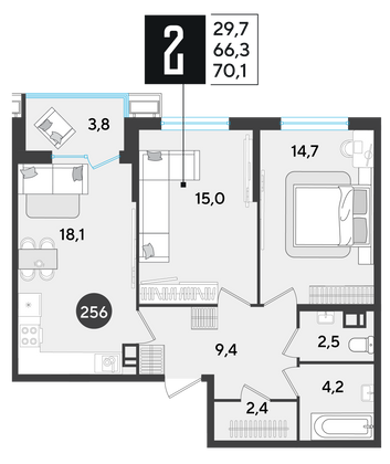 70,1 м², 2-комн. квартира, 4/9 этаж